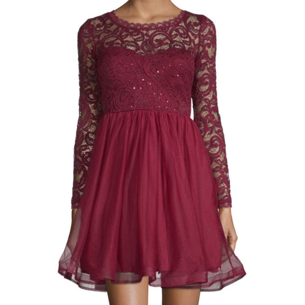 My Michelle Juniors Long Sleeve Merlot Dress - Picture 2 of 6